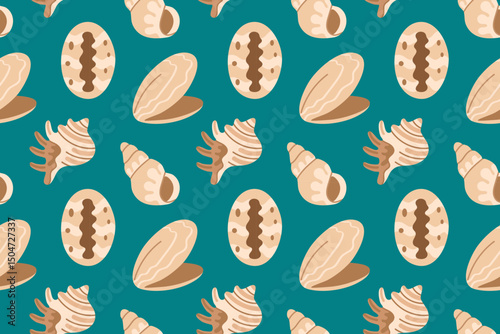 Seamless pattern with different shell types including cowrie, clams, and conch on a deep teal background for marine-themed projects