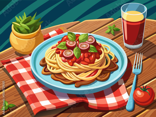 vector of Wooden table with tagliatelle with minced meat and tomato sauce