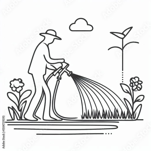 Minimalistic line art of a gardener watering plants with a hose