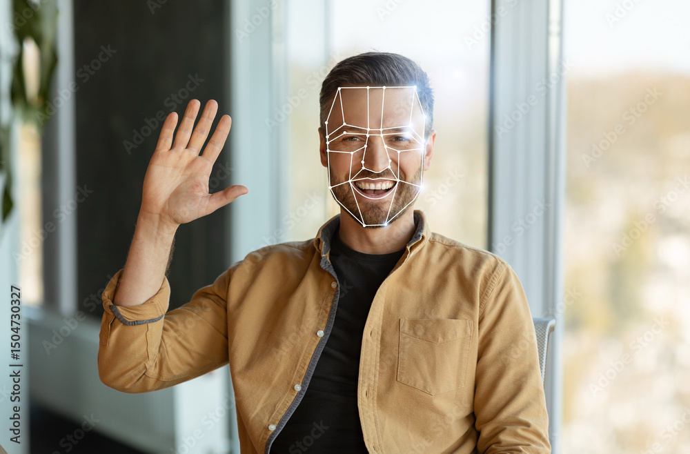 Obraz premium Man greets the camera while facial recognition technology analyzes his features. The setting reflects a contemporary office with natural light and greenery.