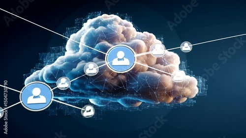 Abstract cloud computing concept A digital cloud connected by a network with user profile icons, against a dark blue backdrop