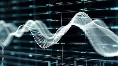 Futuristic data grid overlaying fluctuating graph, displayed with a high-tech, digital screen effect