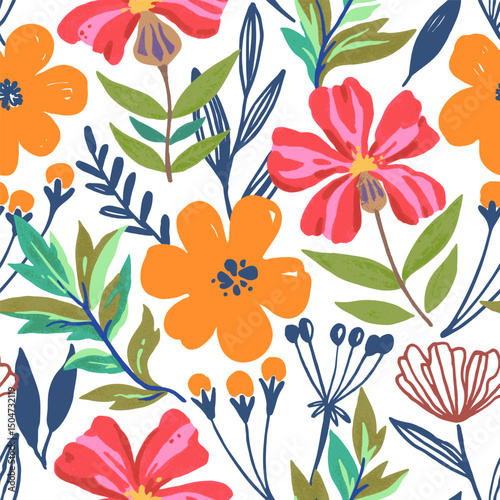 Colorful psychedelic tropical seamless pattern with red and orange flowers.