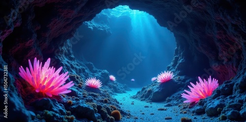 Glowing crystals illuminate bioluminescent marine life within a vibrant underwater cave , underwater photography, magical