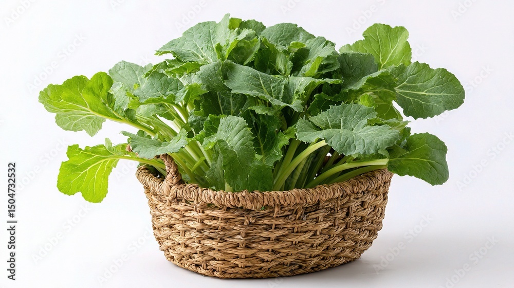 Fresh Italian Turnip Tops in Woven Basket on White Background Fresh Italian Turnip Tops in Woven Basket on White Background