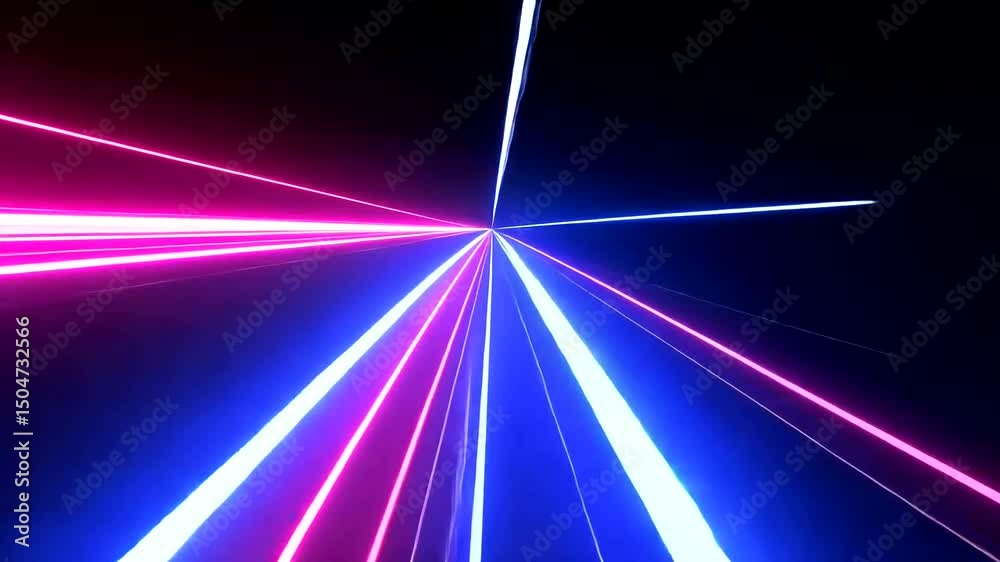Striking abstract, diverging into pink and blue neon lines across a dark background converging at a central vanishing point Striking abstract, diverging into pink and blue neon lines across a dark background converging at a central vanishing point
