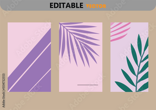 Three abstract botanical vector cards lilac and pink