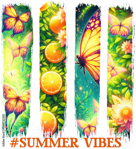 Brush strokes shape Lively “#Summer Vibes” sublimation design with oranges, butterflies, and florals—perfect for t-shirts, mugs, and vibrant seasonal craft projects.