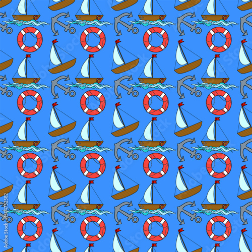 Seamless summer nautical cartoon pattern with sailboats, anchors, life buoys, ocean waves on blue background. For summertime, maritime, sea clothing design, bedding, wrapping paper, and wallpaper.