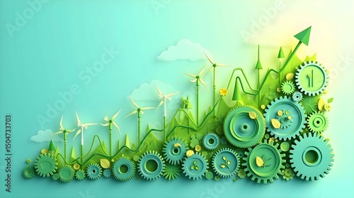 Rising electricity prices chart with green energy wind turbines gears and upward trend