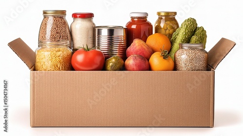 Cardboard Box Filled with Canned Goods and Fresh Produce for Donation