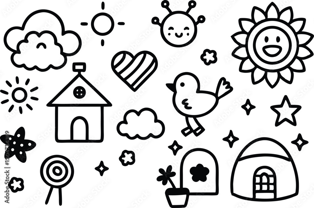 custom made wallpaper toronto digitalAdorable Kawaii Doodle Collection Cute Sun, Cloud, Bird, and House Illustrations