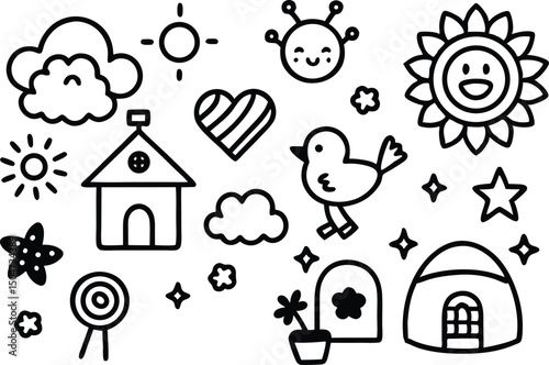 Adorable Kawaii Doodle Collection Cute Sun, Cloud, Bird, and House Illustrations