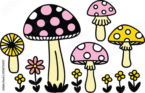 Whimsical Mushroom Illustration A Collection of Cute Fungi and Flowers