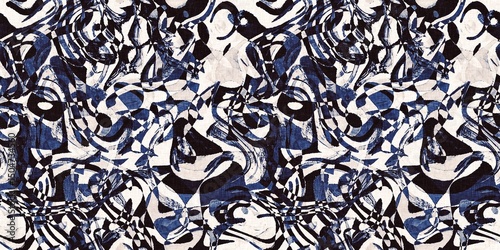 Dye wash indigo blue textur border fabric effect background. Seamless edging trim pattern in masculine Japanese block print style. Perfect for washing tape, ribbon and banner design