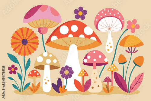 Vibrant Autumn Mushrooms and Flowers A Colorful Illustration