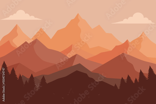 Misty mountain peaks silhouette against a vibrant sunset sky, showcasing a serene natural landscape view