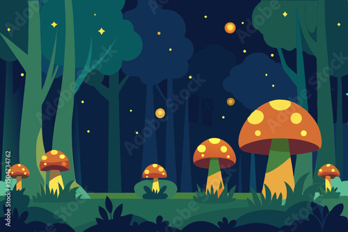 Autumn fairy tale castle and forest with mushrooms, a colorful cartoon illustration of nature's changing season under a cloudy sky