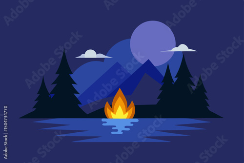 Christmas night forest landscape with a warm campfire under a winter moonlit sky