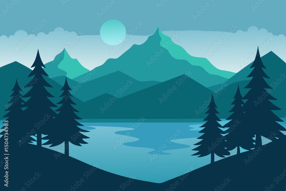 Fototapeta premium Snowy winter mountain landscape with frosty pine trees and blue sky