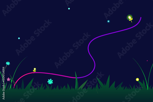 Moonlit night sky vector illustration with abstract glowing stars and flowers in a winter landscape