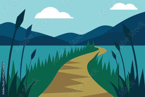 Serene blue sky over a landscape with a lake and mountains, reflecting nature's summer beauty