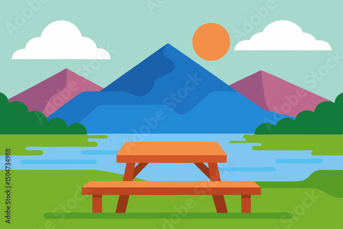 Mountain landscape with a green hill, a solitary bench under a clear sky, and distant clouds, ideal for summer travel and nature illustrations