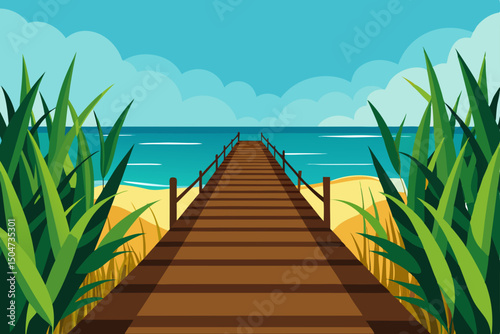 Tropical wooden footbridge over the blue ocean water with a summer sky