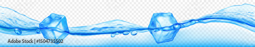 Three translucent ice cubes floating in water with waves, isolated on transparent background. Horizontal banner in light blue colors. Transparency only in vector format.