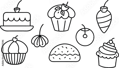 Delicious Cherry-Topped Cakes and Cupcakes A Delightful Collection of Line Art