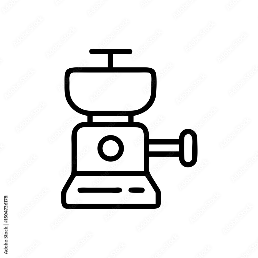 Depiction of a manual food processor with a hopper and crank handle in a minimalist style drawing