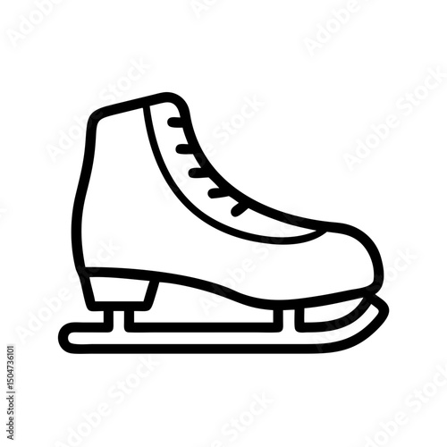 Isolated outline drawing of a single ice skate with laces and a blade shown on a white background