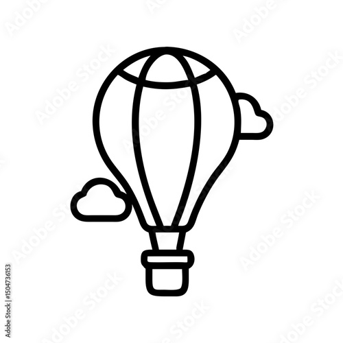 Outline drawing of a hot air balloon with a basket and two clouds in the sky for decoration art