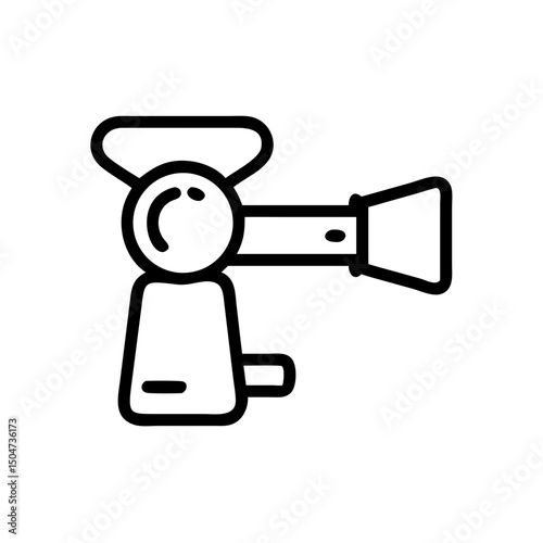 A simple line drawing of a meat grinder showing the handle and grinding mechanism in black outline