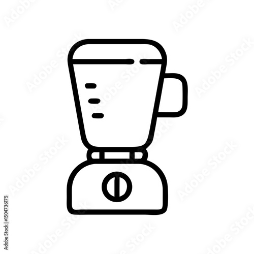Outline drawing of a kitchen appliance with a container and handle, sitting on a rounded base with button
