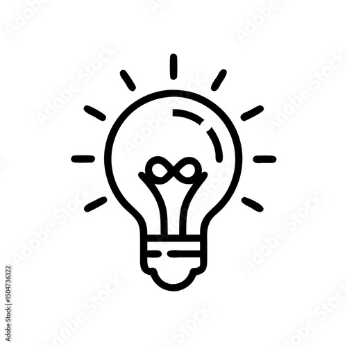 A simple graphic showing a lightbulb emitting rays of light on a white isolated background design
