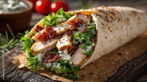 Delicious Chicken Caesar Wrap on Parchment Paper Top View