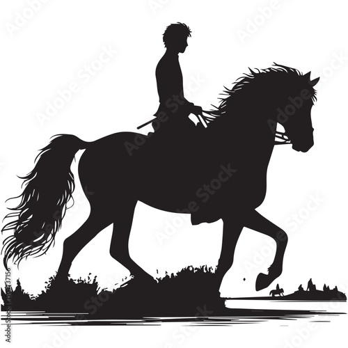 Silhouette of a person riding a horse, editable vector image
