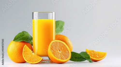 Freshly Squeezed Orange Juice in Glass with Oranges and Leaves
