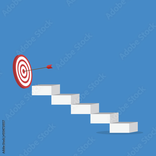 Goal, motivation to success. Climb up stairs to reach goal target on the top.