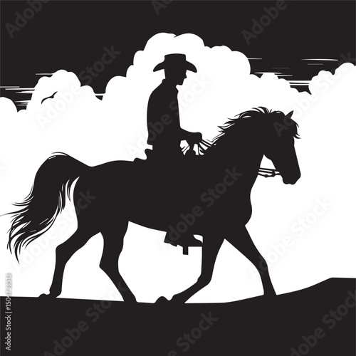Silhouette of a person riding a horse, editable vector image