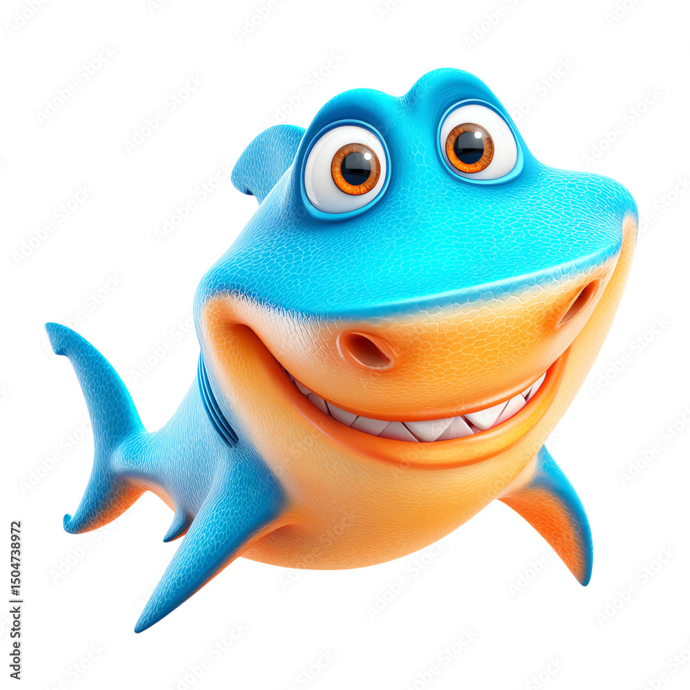 Fototapeta premium 3d cartoon shark for kids cute 3d cartoon shark character smiling, fun ocean animal mascot design, colorful blue orange shark illustration - fun educational ocean animal illustration