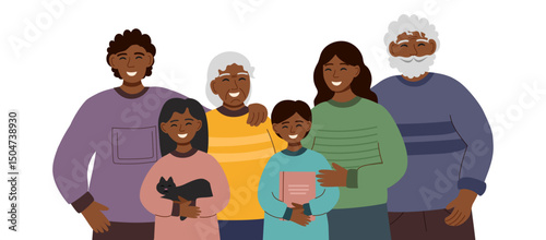 Big family illustration clipart on white background. Grandparents, parents and grandchildren. Family and generations concept. Vector flat style banner.