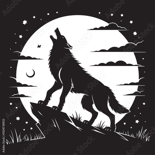 Werewolf Howling at Full Moon Black and White Silhouette