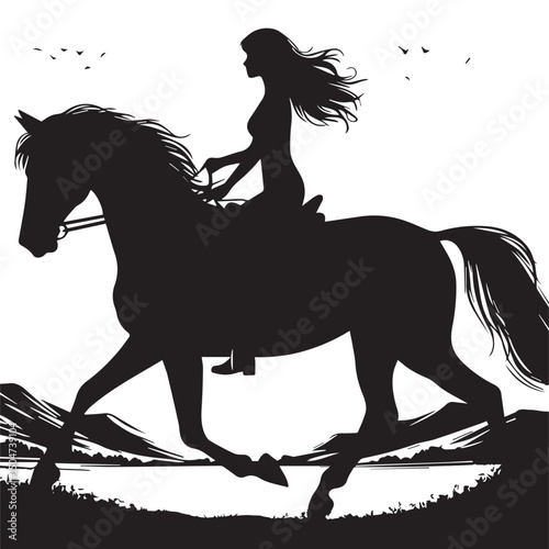 Silhouette of a person riding a horse, editable vector image