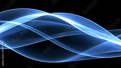 Ethereal blue waveforms undulate against a stark black backdrop, creating a mesmerizing contrast and dynamic flowing, ribbon-like effect