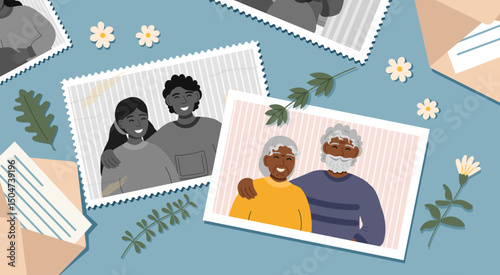 Old photo of young couple and new photo of senior couple. The concept of aging. Family and life values ​​concept. The concept of transience of life.