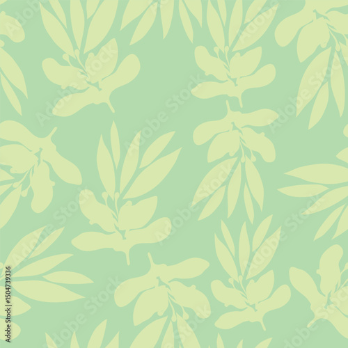 leafy branches placed on green background silhouette style hand drawn seamless pattern