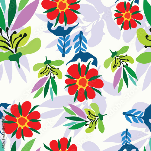 colorful flowers and buds with leaves garden theme summer seamless pattern. colorful blue and red flowers, green buds and silhouette buds seamless pattern.