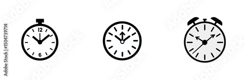 Three distinct line icons of clocks representing timekeeping and duration in various forms for design and digital use